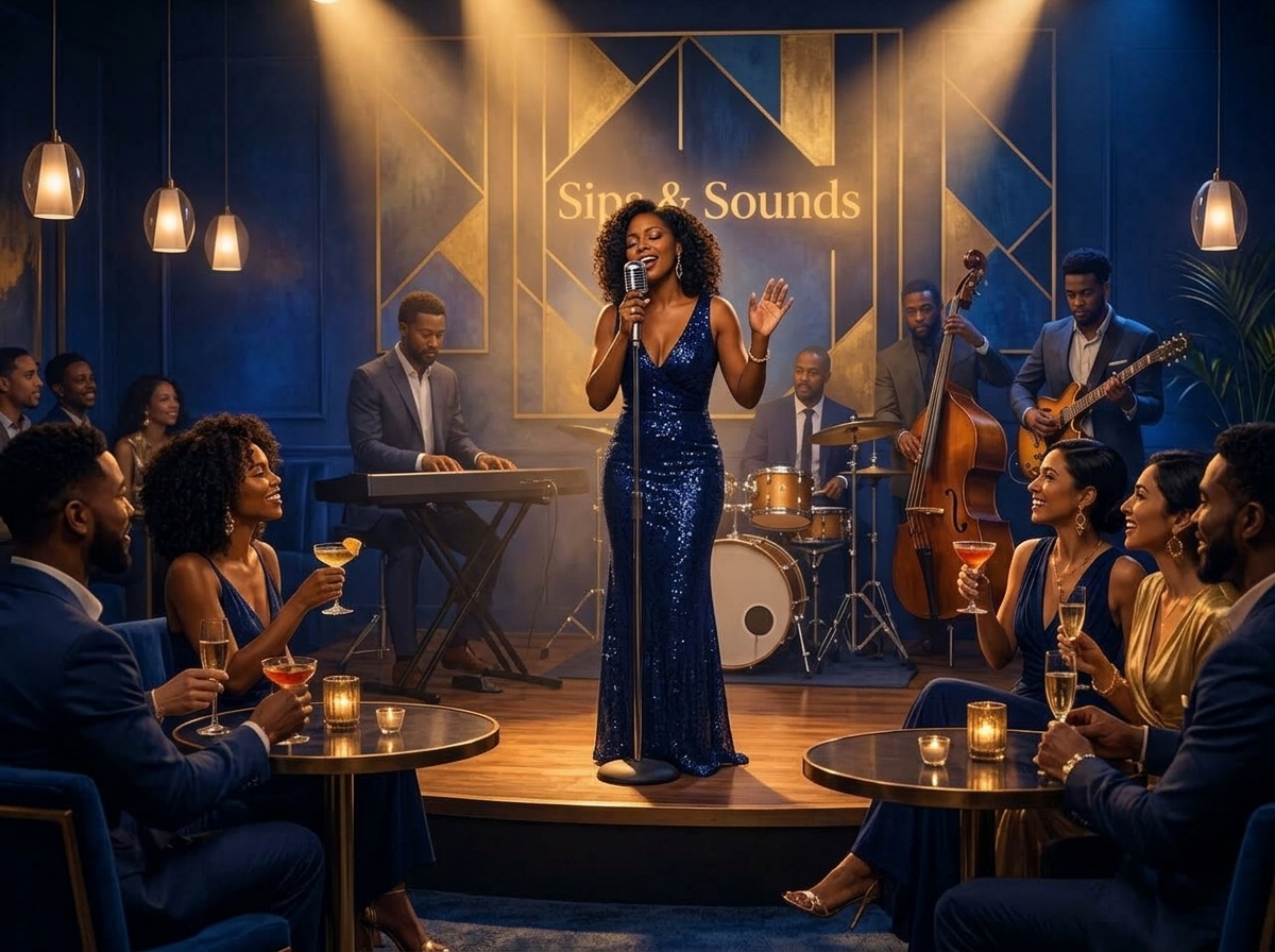 Live singer performing with a band at Sips & Sounds Lounge